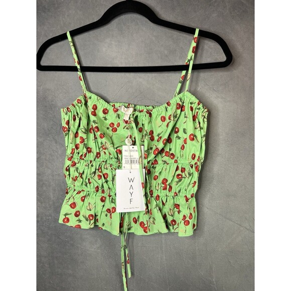 WAYF Cherries Green Camisole Top Elastic Trim Cotton Front Cut Out Ties Women S - Picture 6 of 12